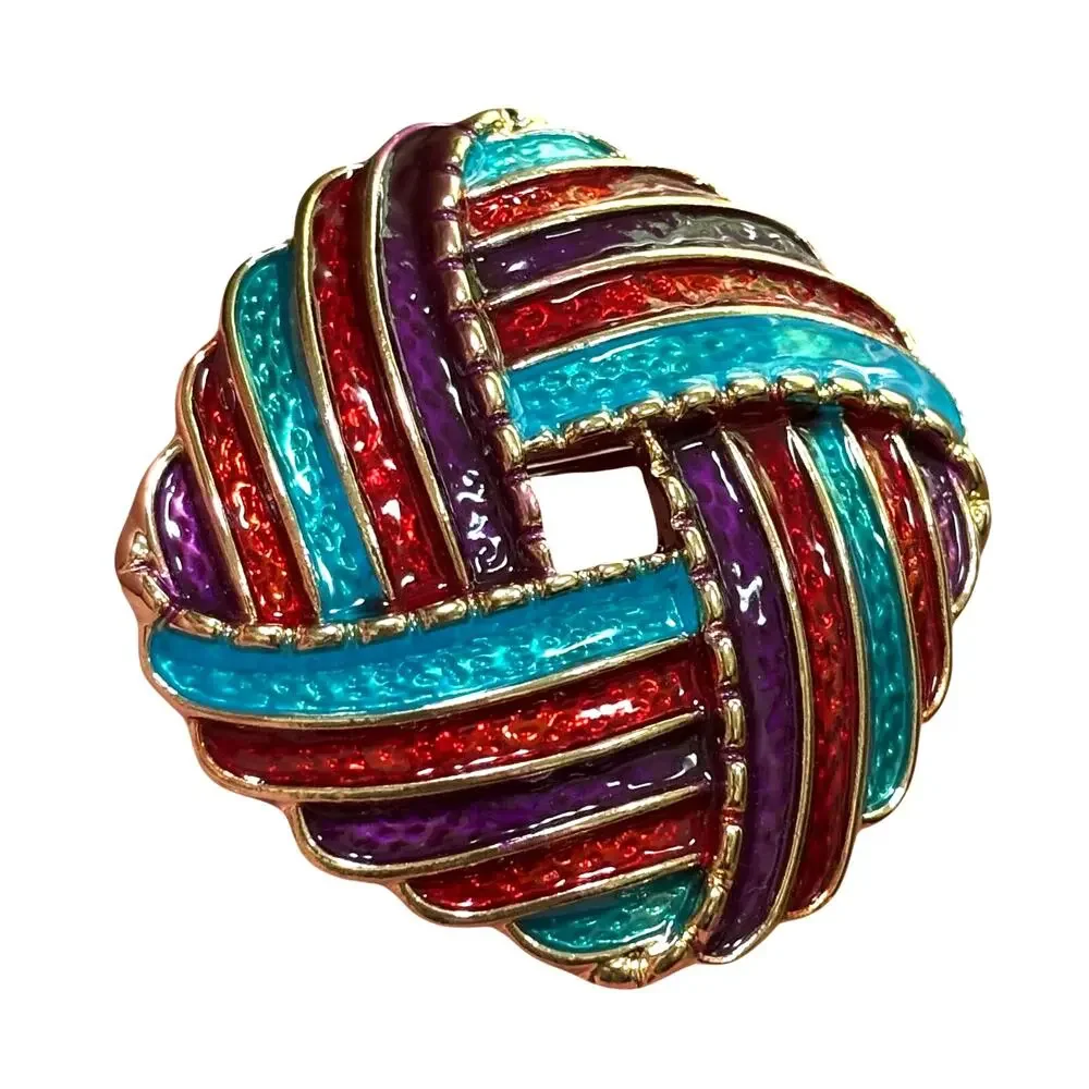 Vintage 80’s fashion brooch gold & multicolor enamel stripes domed textured